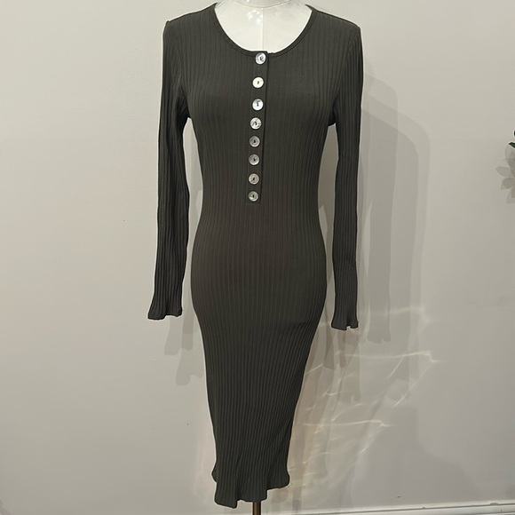 Women’s Olive‎ Green Ribbed Long Sleeve Button Front Bodycon Casual Midi Dress L - Picture 1 of 5